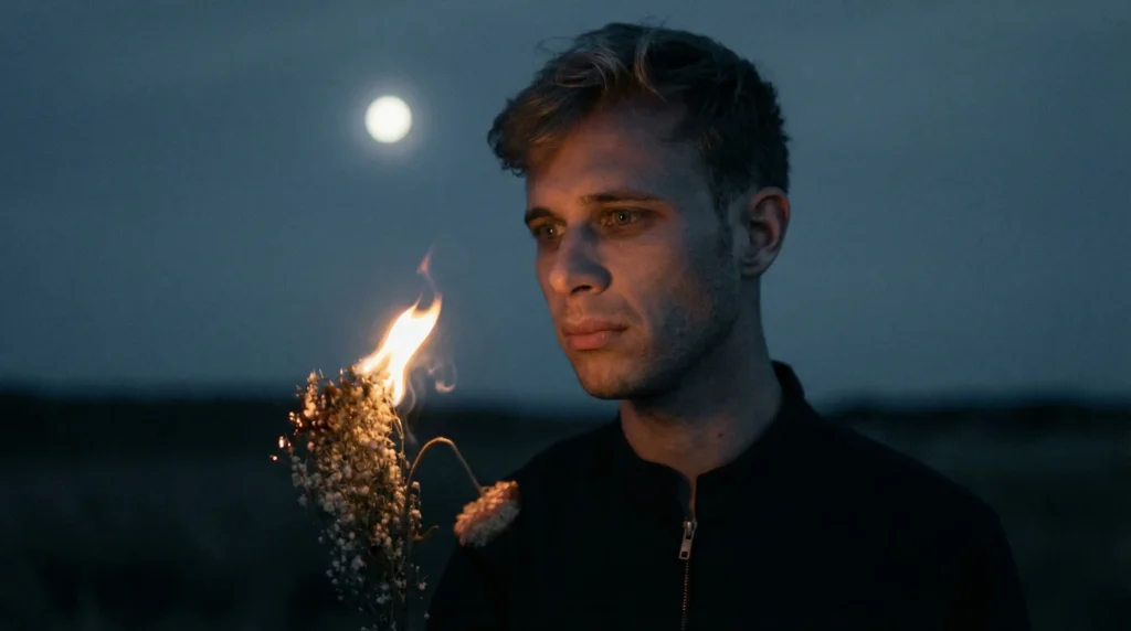 MUNE un bouquet en feu à la main lors d'une pleine lune